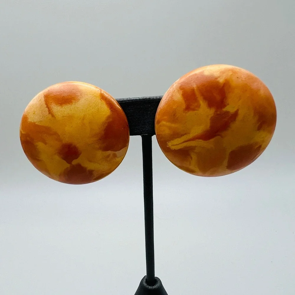 Vintage Yellow Marbled Clip On Earrings Round Button Statement Retro
